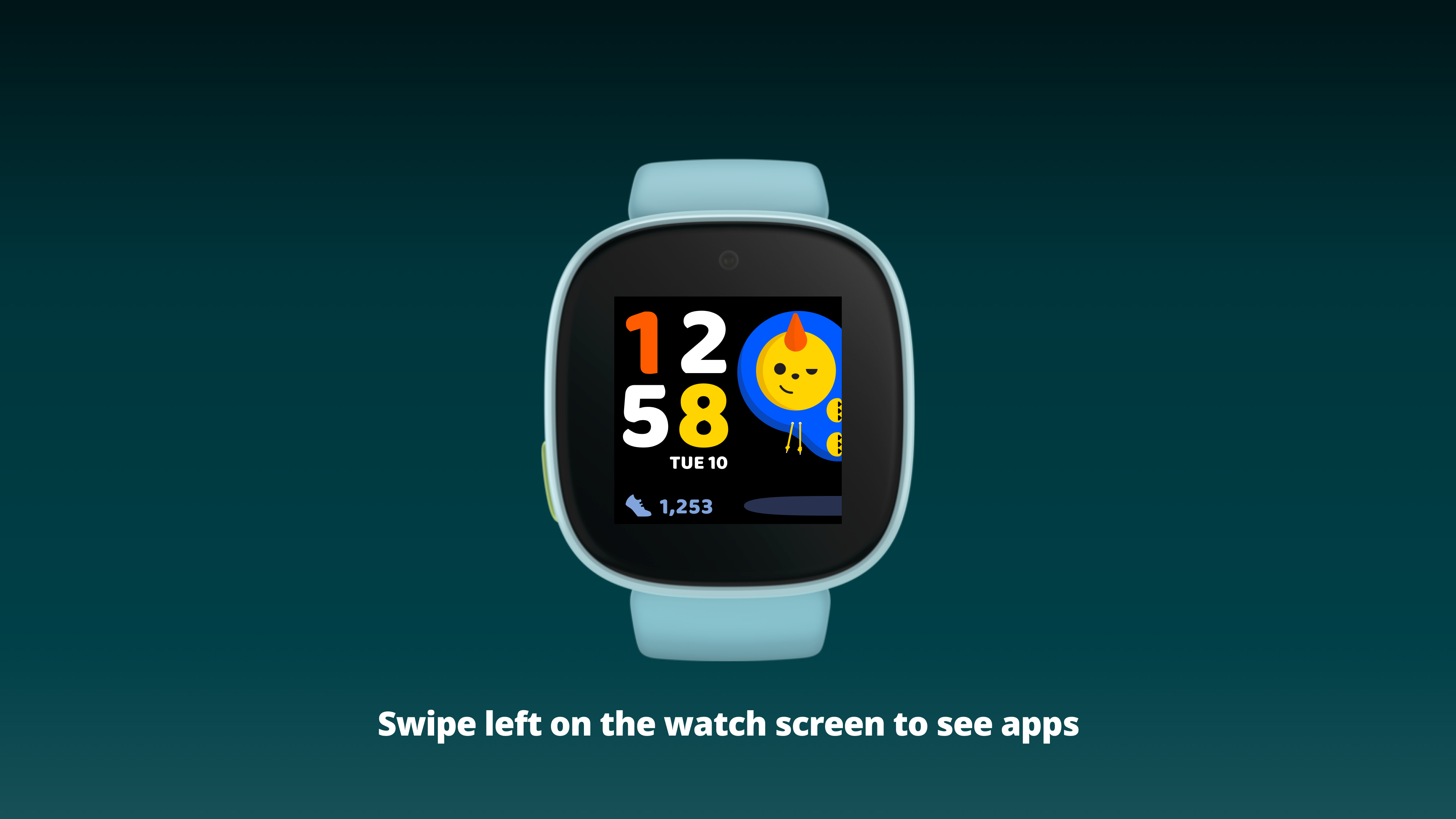 Clock face with mascot and step count